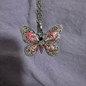 Pink & Silver Butterfly Pendant Necklace